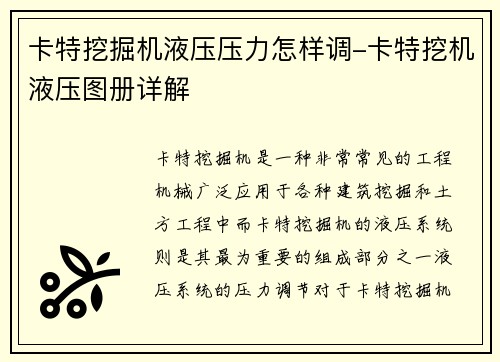 卡特挖掘机液压压力怎样调-卡特挖机液压图册详解