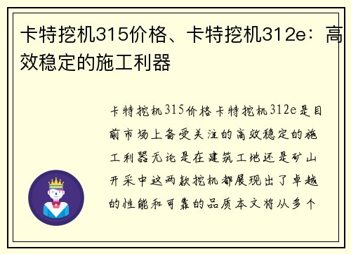 卡特挖机315价格、卡特挖机312e:高效稳定的施工利器