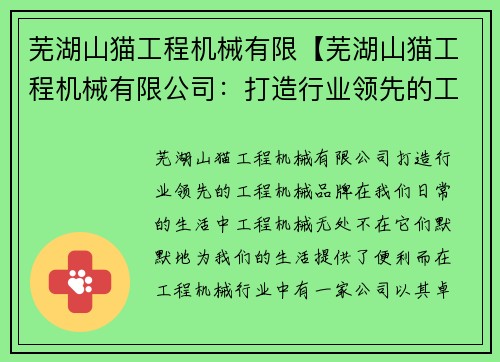 芜湖山猫工程机械有限【芜湖山猫工程机械有限公司:打造行业领先的工程机械品牌】